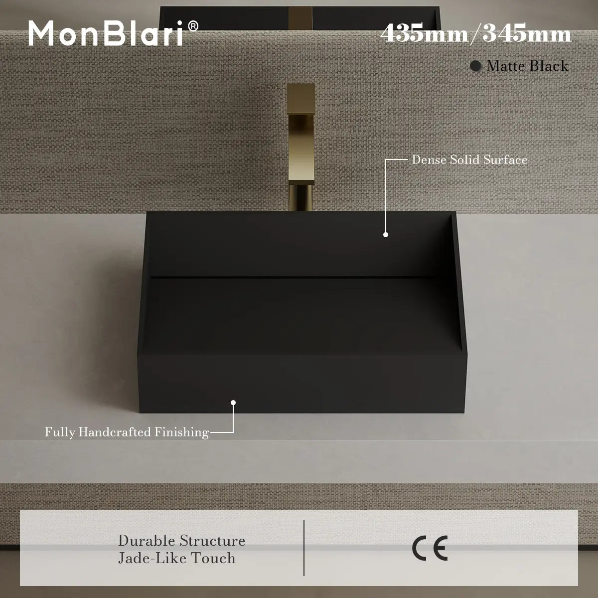 MonBlari TW-A113 Black Solid Surface Countertop Basin 450mm - 600mm
