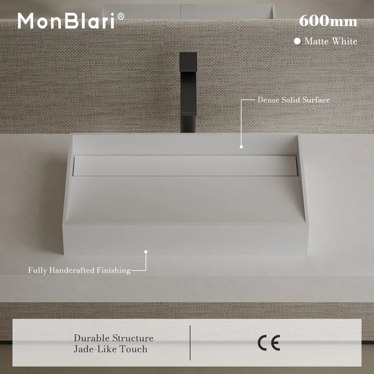 MonBlari TW-A160 White Solid Surface Countertop Basin 600mm
