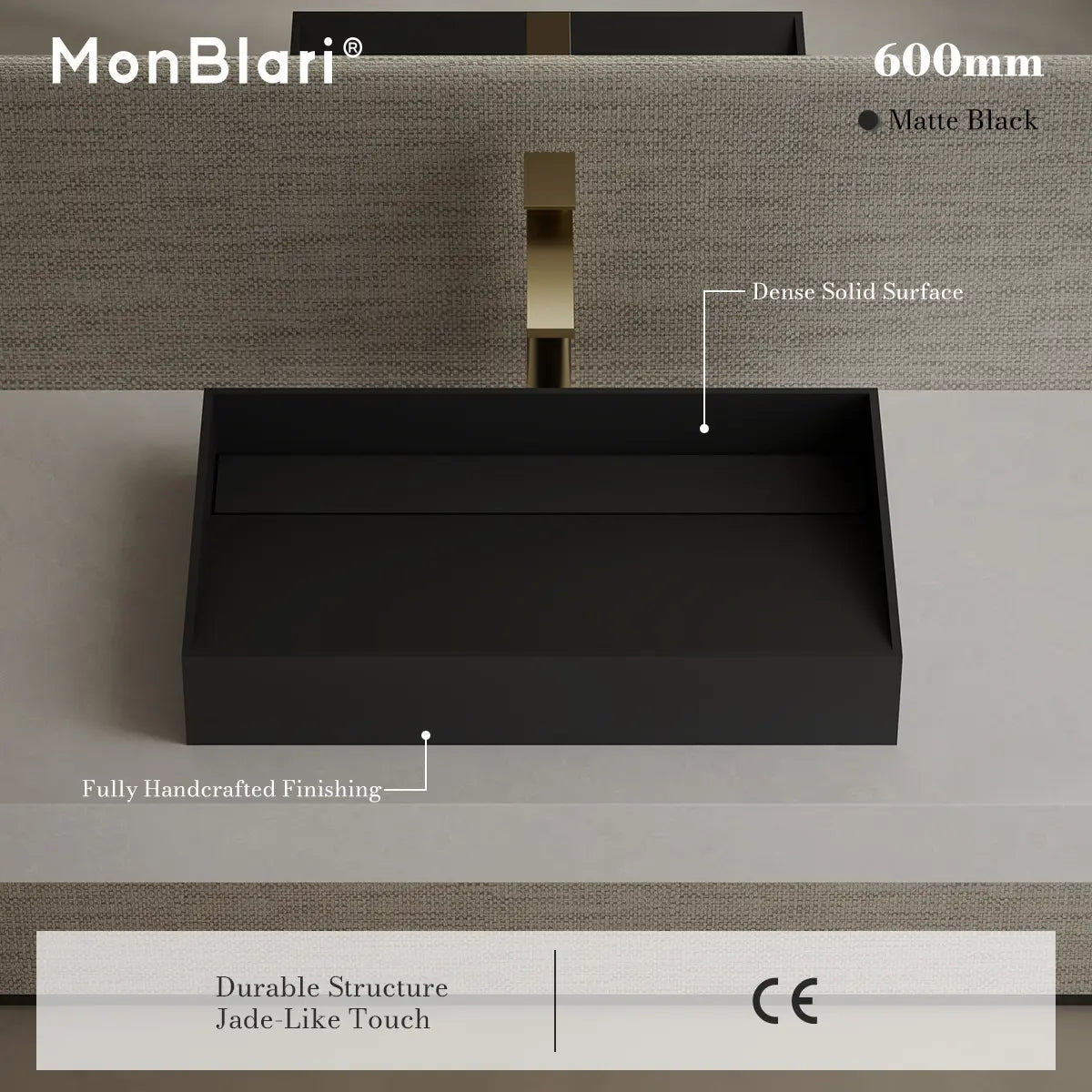 MonBlari TW-A160 Black Solid Surface Countertop Basin 600mm
