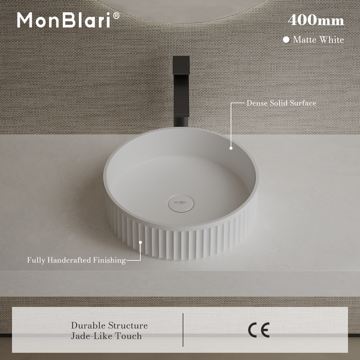 MonBlari TW-A8129 White Solid Surface Countertop Basin 400mm