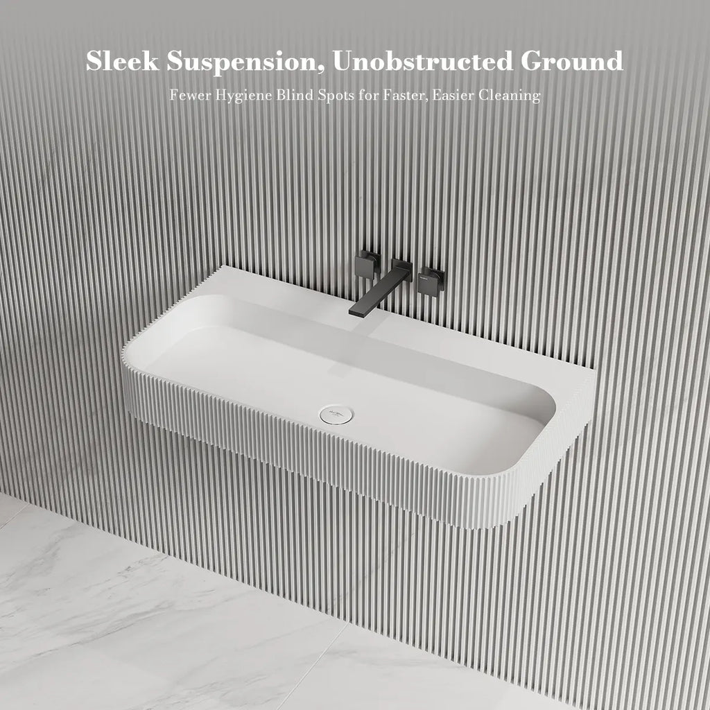 MonBlari TW-G261 Solid Surface Fluted Wall-Mounted Basin Bathroom Sink 750mm -1200mm