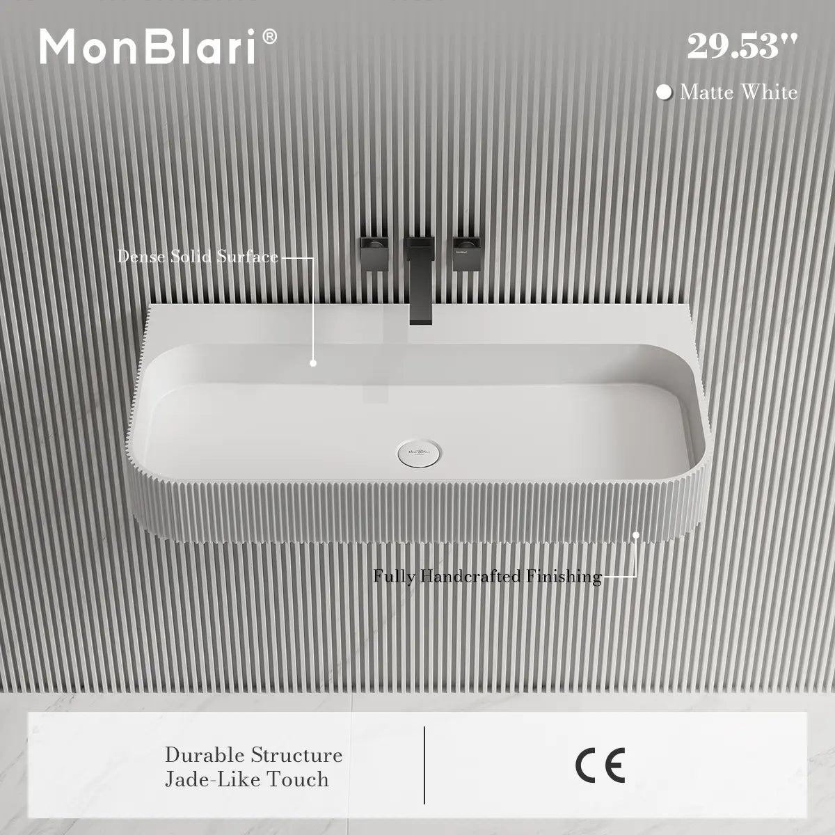 MonBlari TW-G261 Solid Surface Wall-Mounted Basin Bathroom Sink 750mm -1200mm