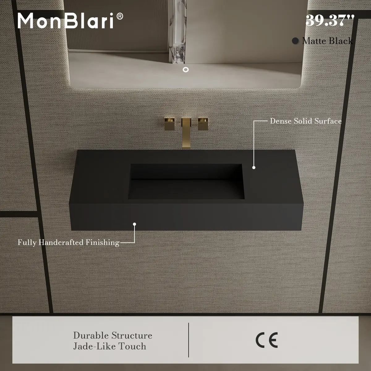 MonBlari TW-G275 Black Solid Surface Wall-Mount Basin 1000mm