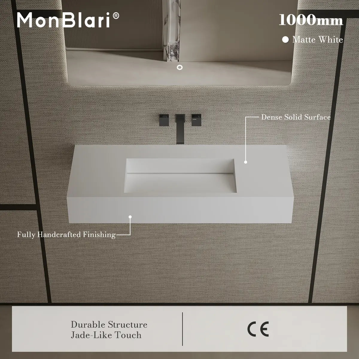 MonBlari TW-G275 White Solid Surface Wall-Mount Basin 1000mm