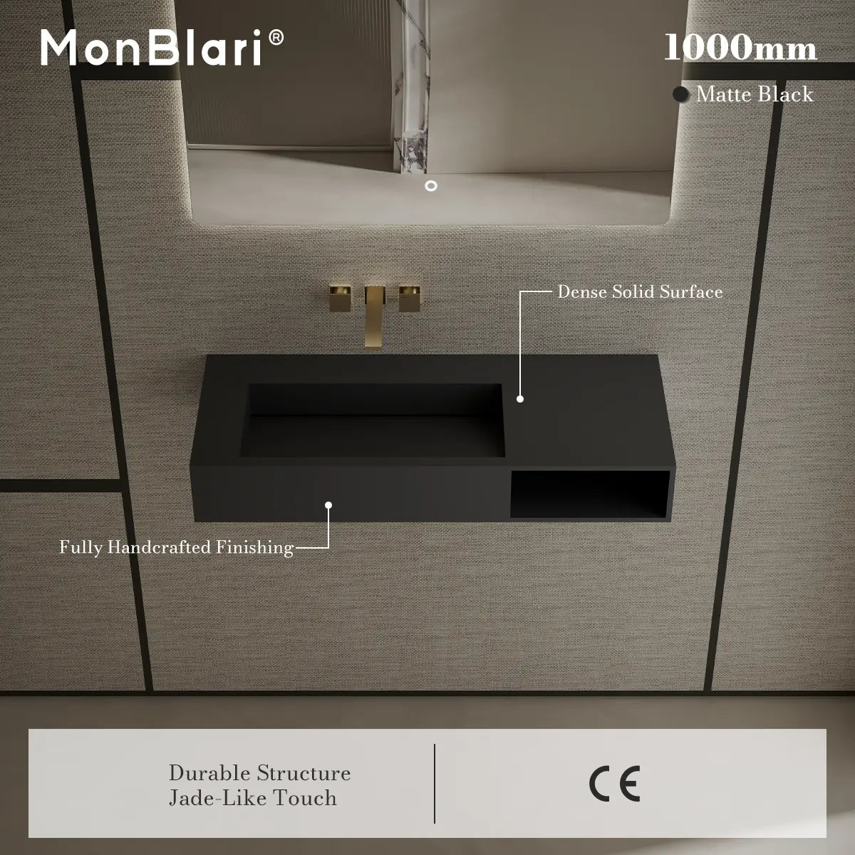 MonBlari TW-G282 Black Solid Surface Wall-Mount Basin 1000mm