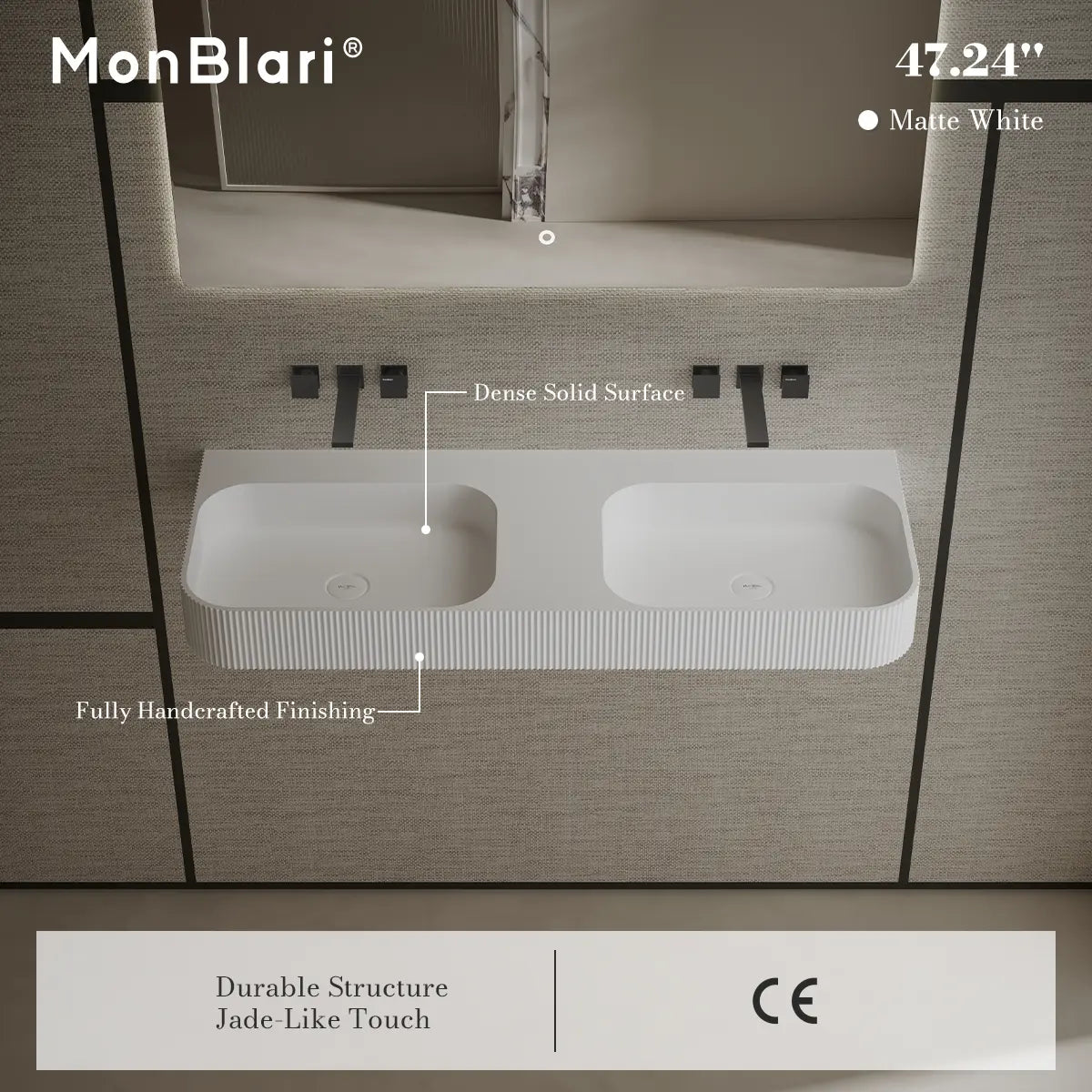 MonBlari TW-G286 Wall-Mounted Double Bathroom Sink Fluted Design 1200mm