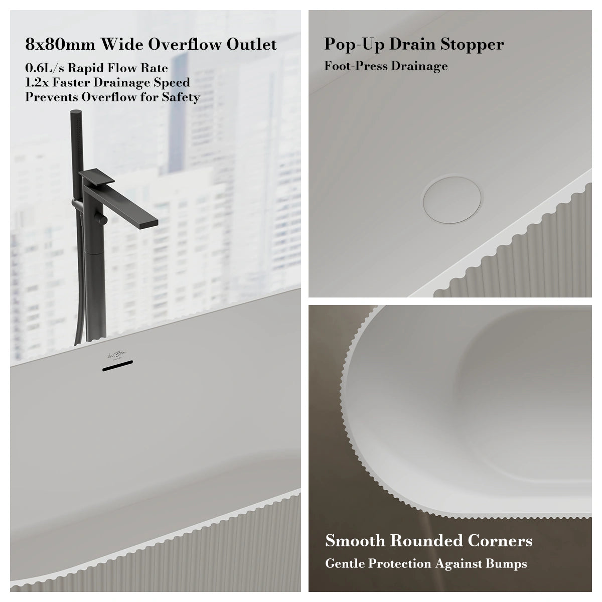 Monblari TW-8301 White Solid Surface Freestanding Bathtub 1700mm