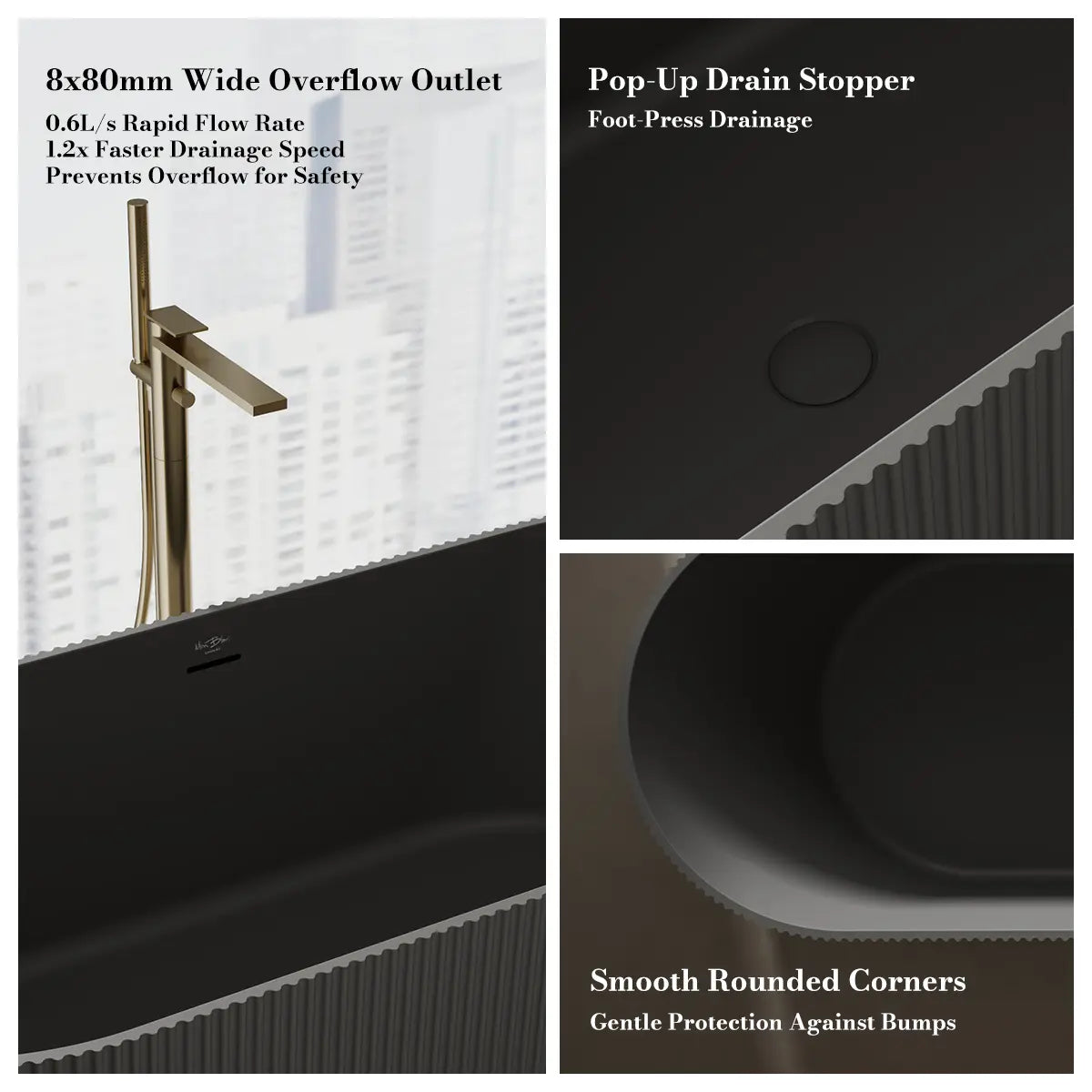 Monblari TW-8301 Black Solid Surface Freestanding Bathtub 1700mm