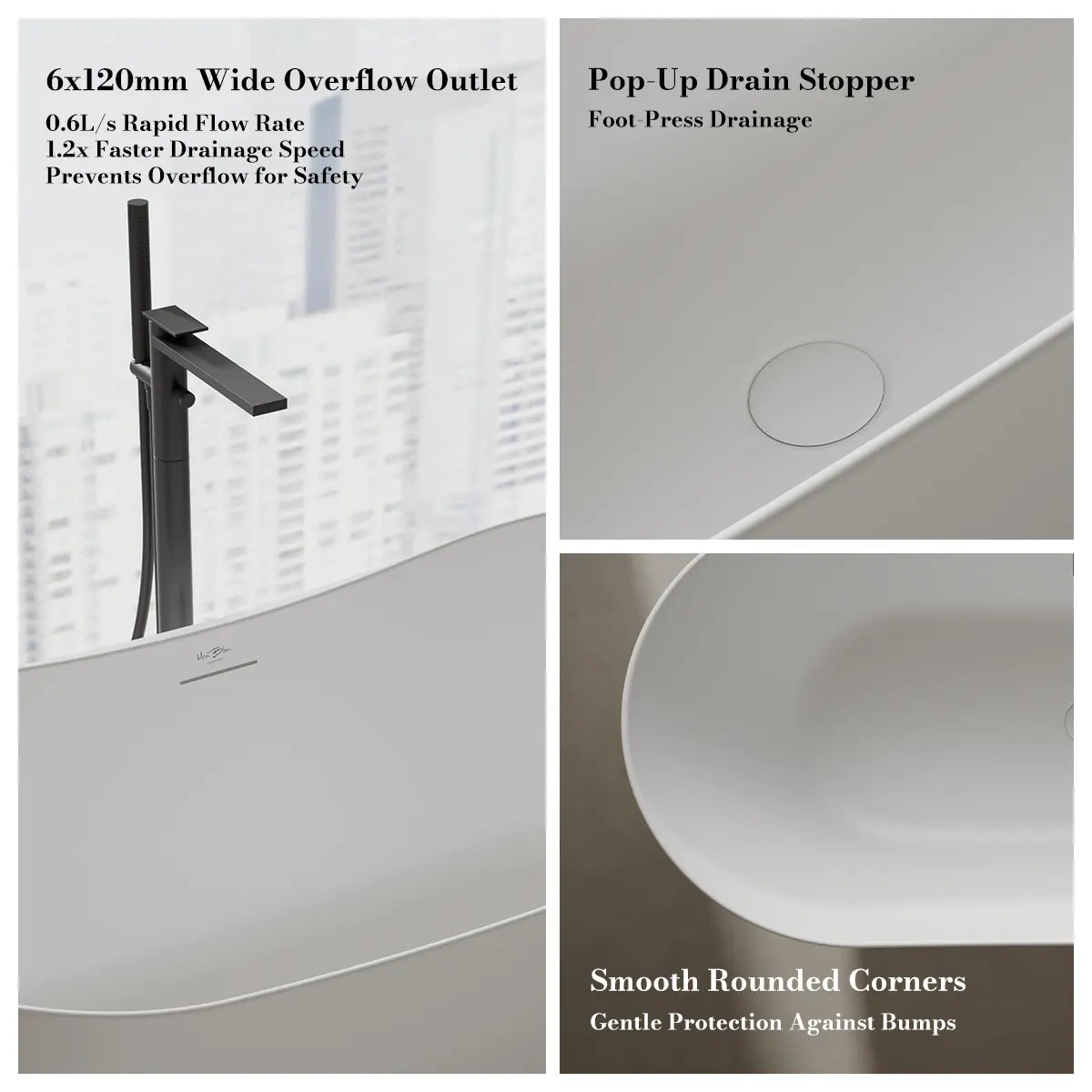 MonBlari TW-8505 White Solid Surface Freestanding Bathtub 1500mm - 1700mm