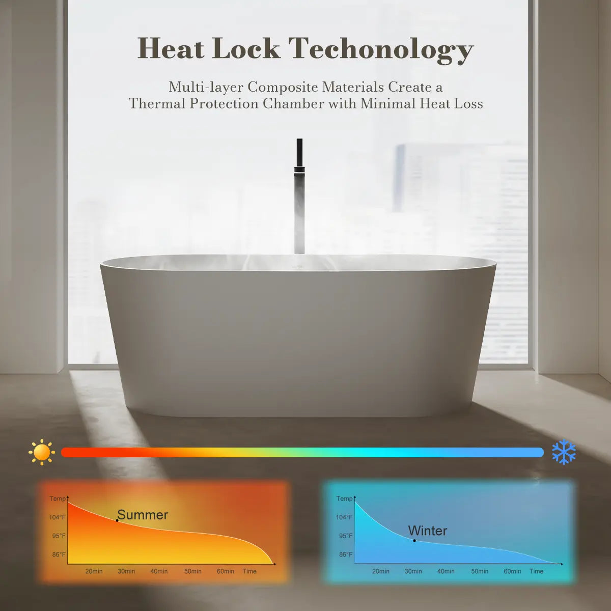 MonBlari XA-8860 White Solid Surface Freestanding Bathtub 1550mm - 1650mm