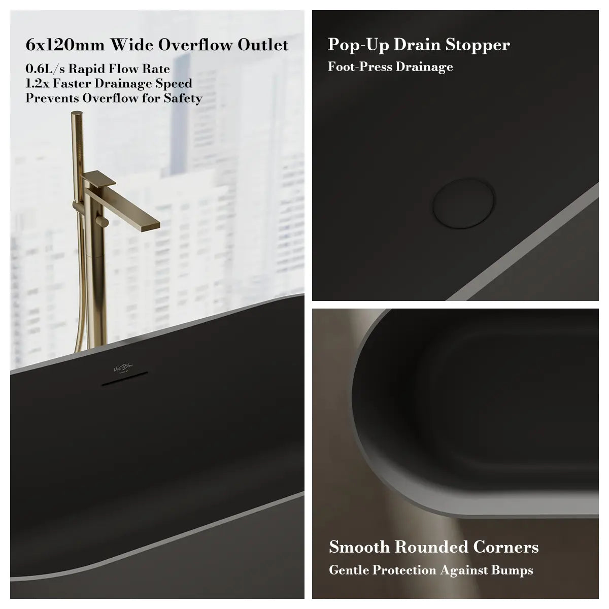 MonBlari XA-8860 Black Solid Surface Freestanding Bathtub 1550mm - 1650mm