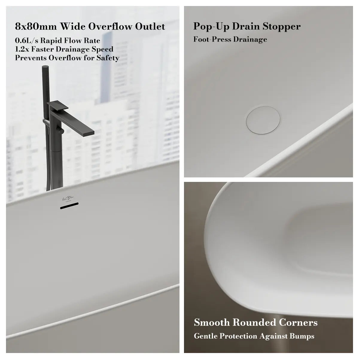 MonBlari XA-8898 White Solid Surface Freestanding Bathtub 1800mm
