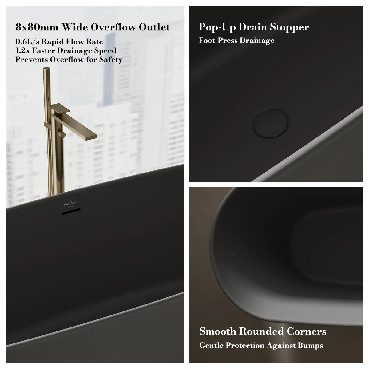 MonBlari XA-8898 Black Solid Surface Freestanding Bathtub 1800mm