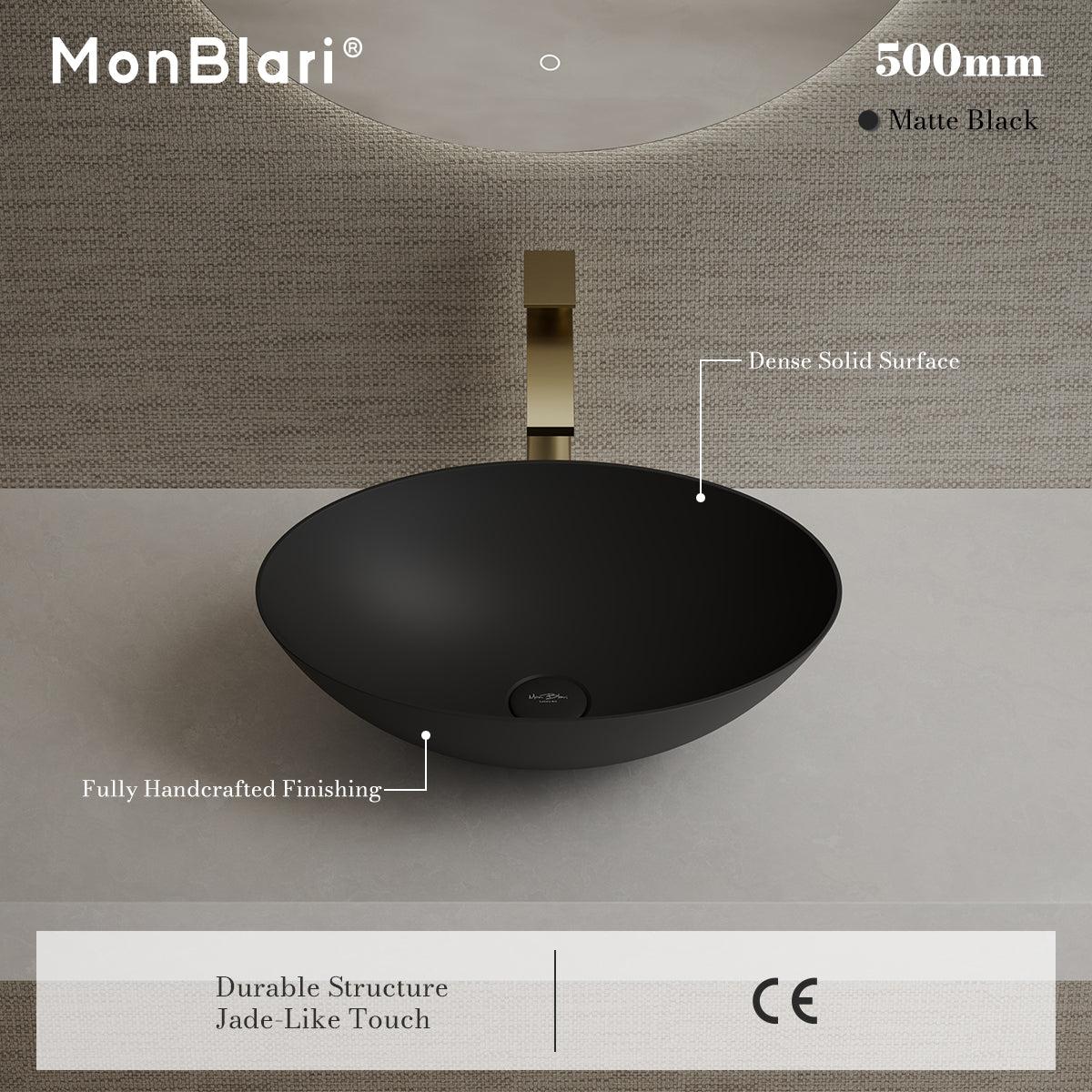MonBlari XA-A72 Black Solid Surface Countertop Basin 500mm