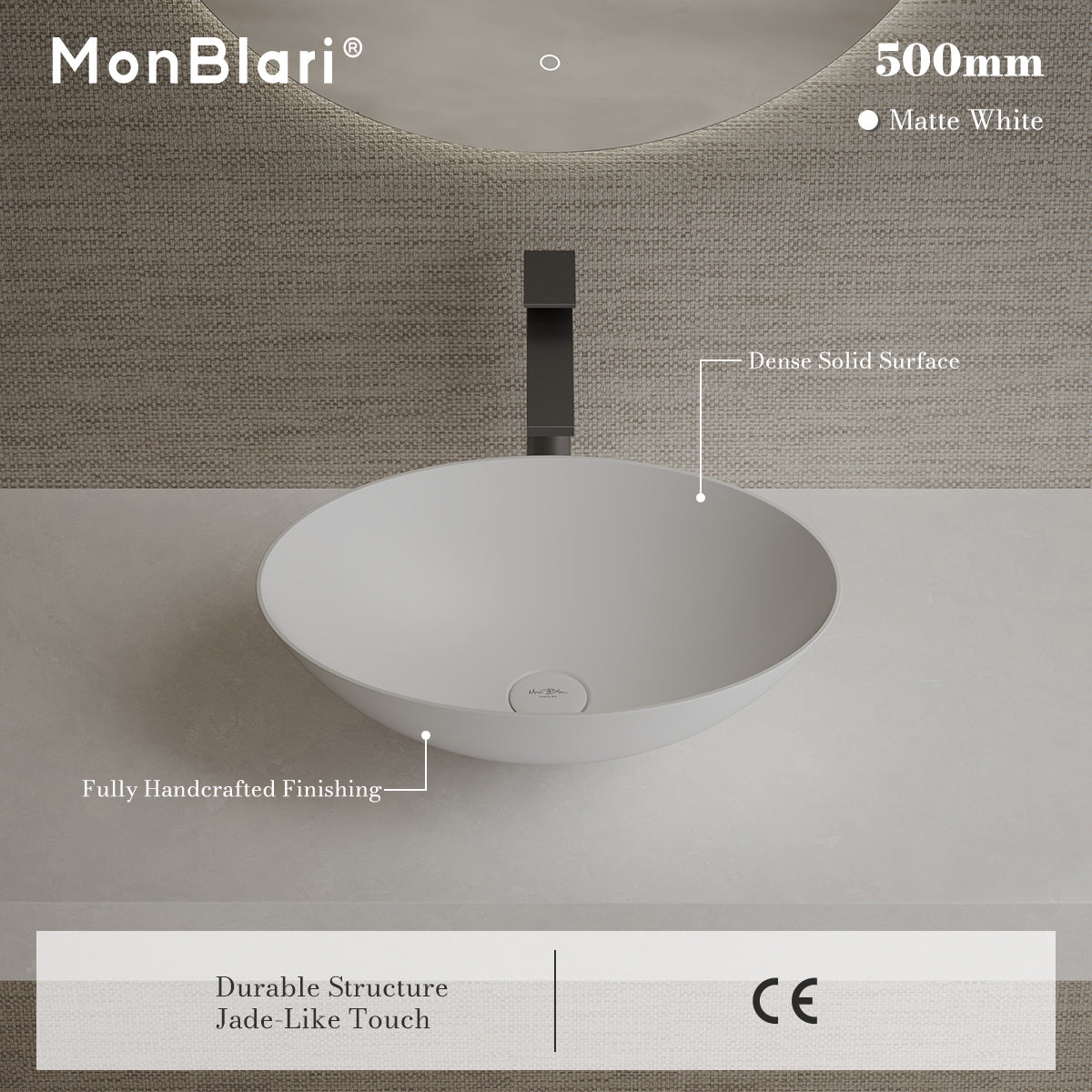 MonBlari XA-A72 White Solid Surface Countertop Basin 500mm