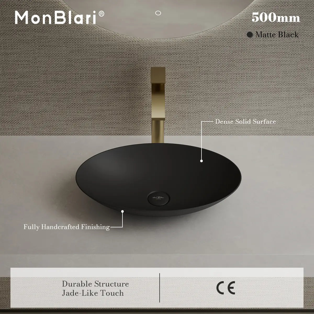 MonBlari XA-A73 Black Solid Surface Countertop Basin 500mm