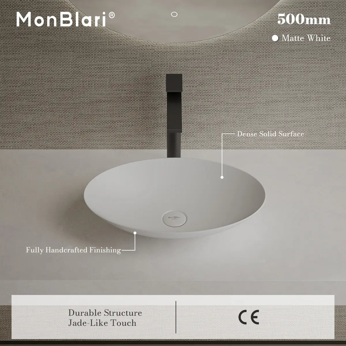 MonBlari XA-A73 White Solid Surface Countertop Basin 500mm