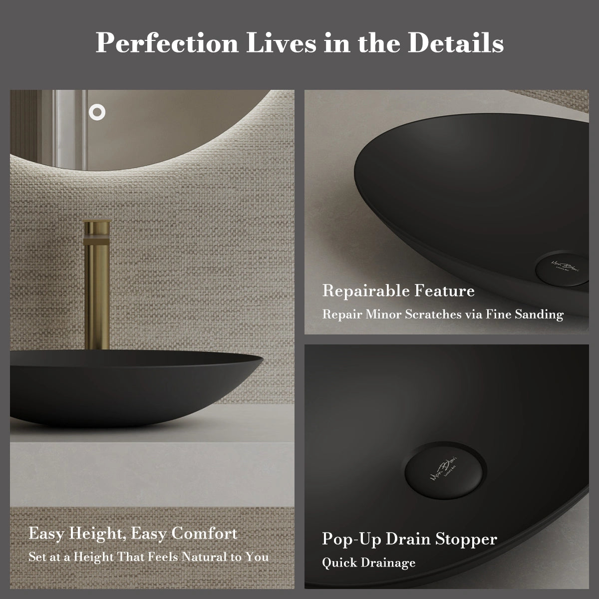 MonBlari XA-A73 Black Solid Surface Countertop Basin 500mm