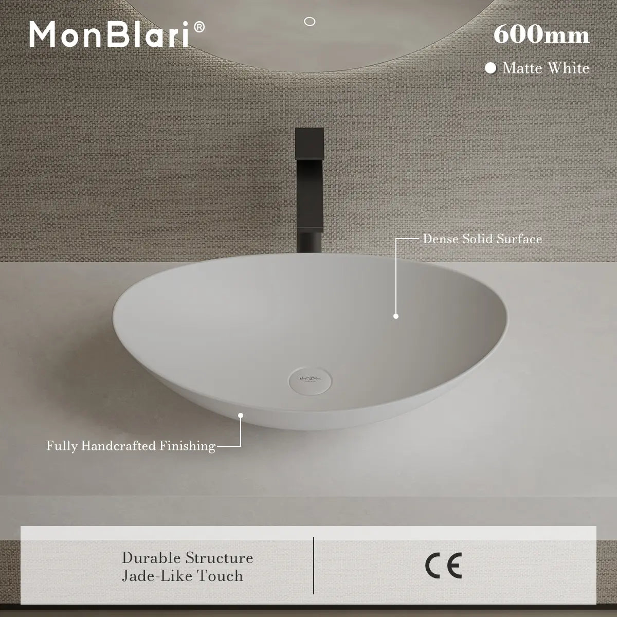 MonBlari XA-A76 White Solid Surface Countertop Basin 600mm