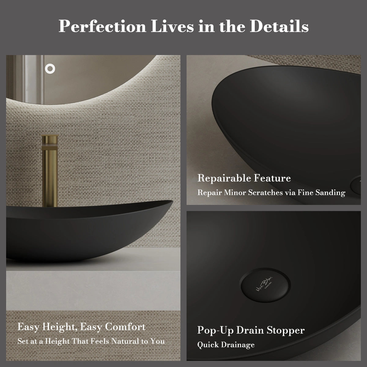 MonBlari XA-A76 Black Solid Surface Countertop Basin 600mm