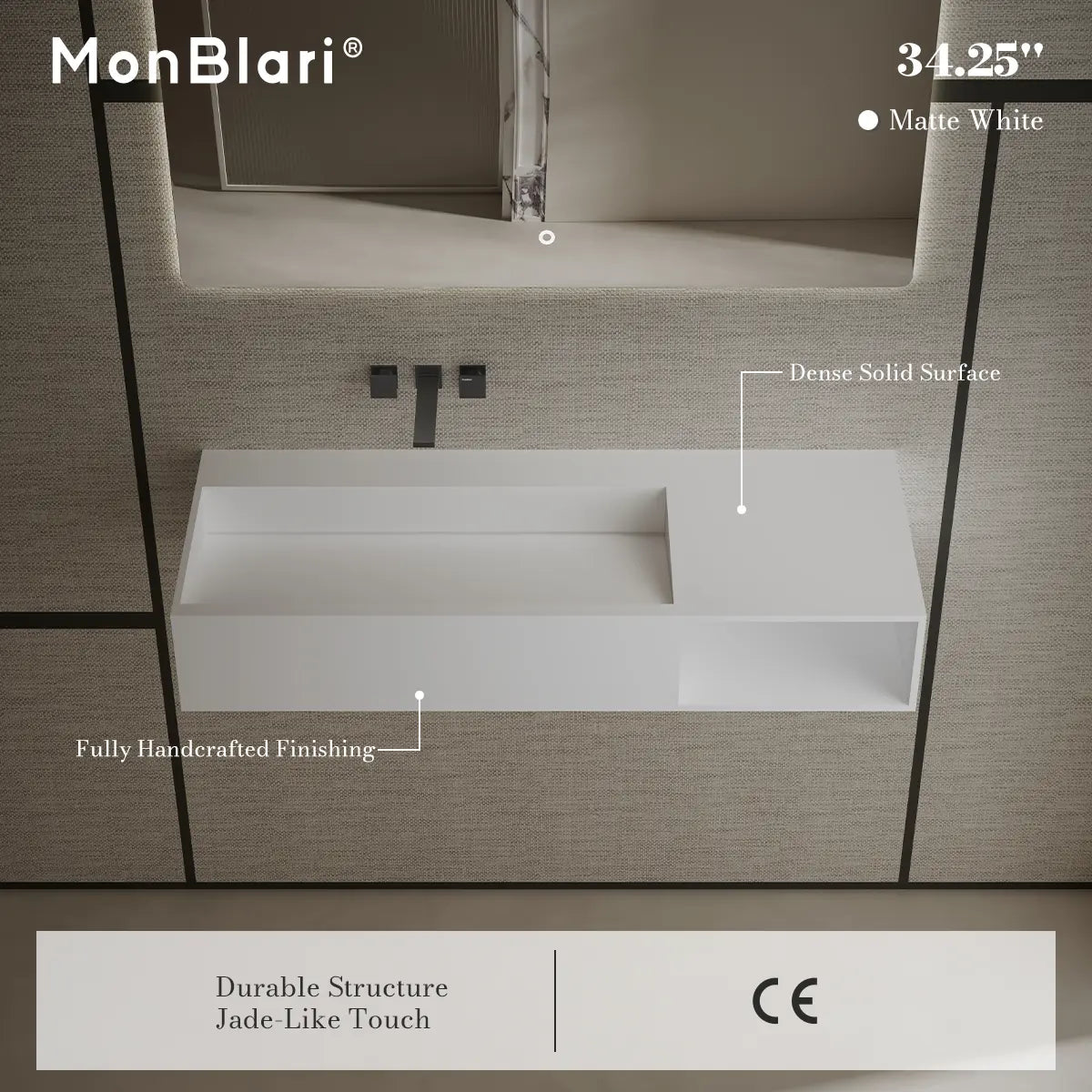 MonBlari XA-G62L Solid Surface Wall-Mounted Sink 870mm - 1200mm