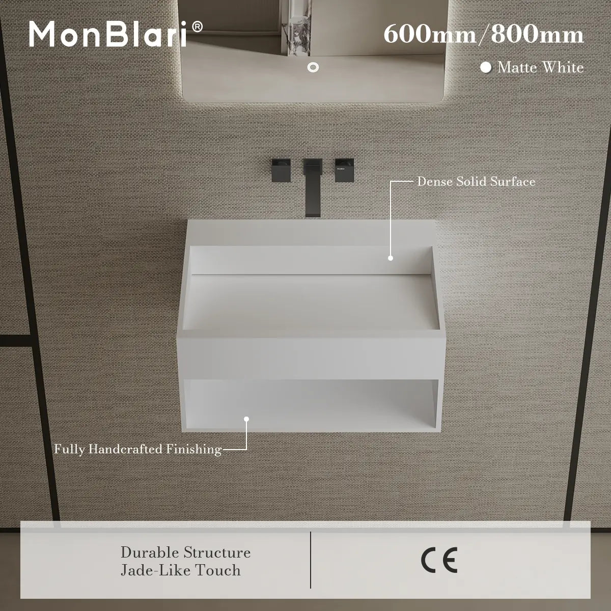 MonBlari XA-G71 White Solid Surface Wall-Mount Basin 600mm - 800mm