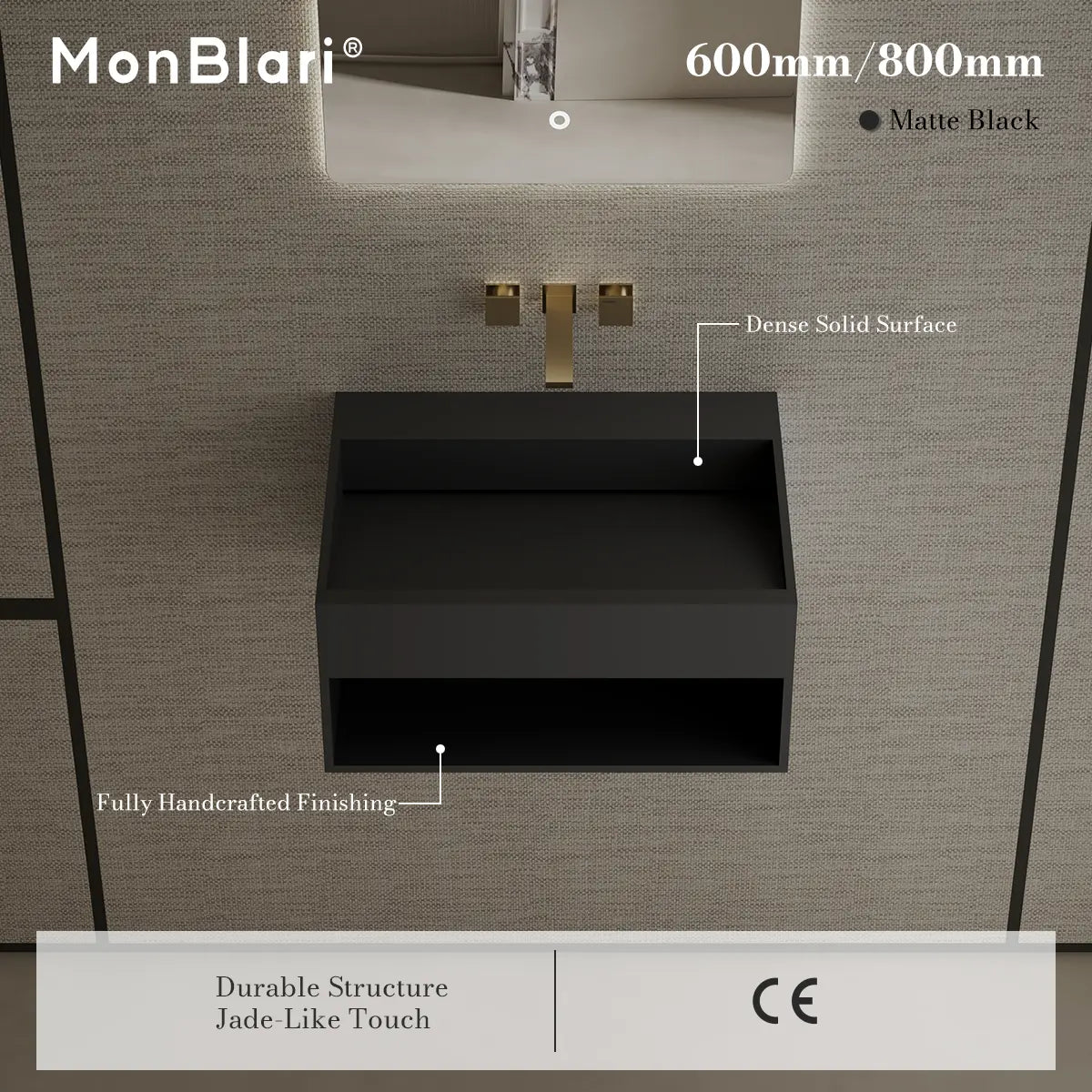 MonBlari XA-G71 Black Solid Surface Wall-Mount Basin 600mm - 800mm