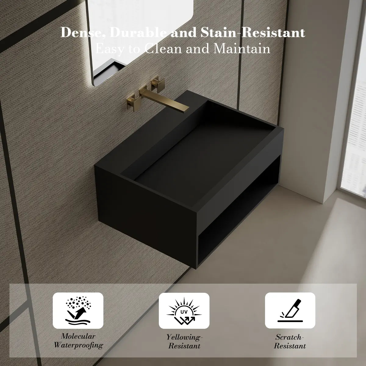 MonBlari XA-G71 Black Solid Surface Wall-Mount Basin 600mm - 800mm