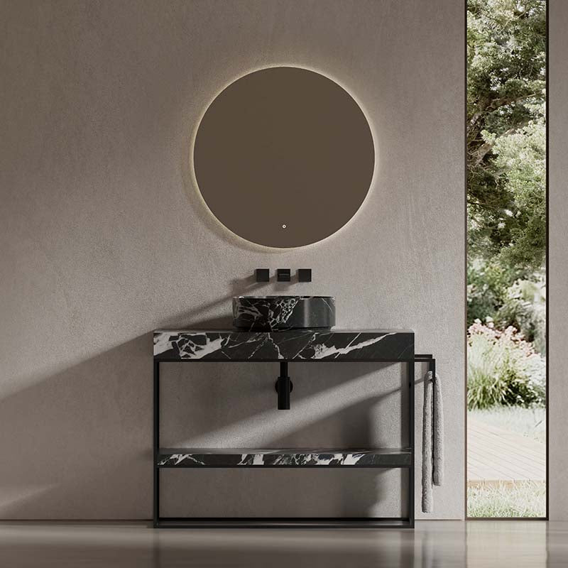MonBlari Freestanding Round Marble Console Basin with Sleek Metal Base & Towel Holder
