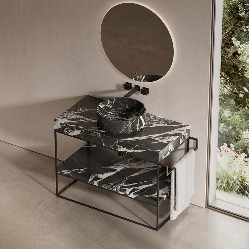 MonBlari Freestanding Round Marble Console Basin with Sleek Metal Base & Towel Holder