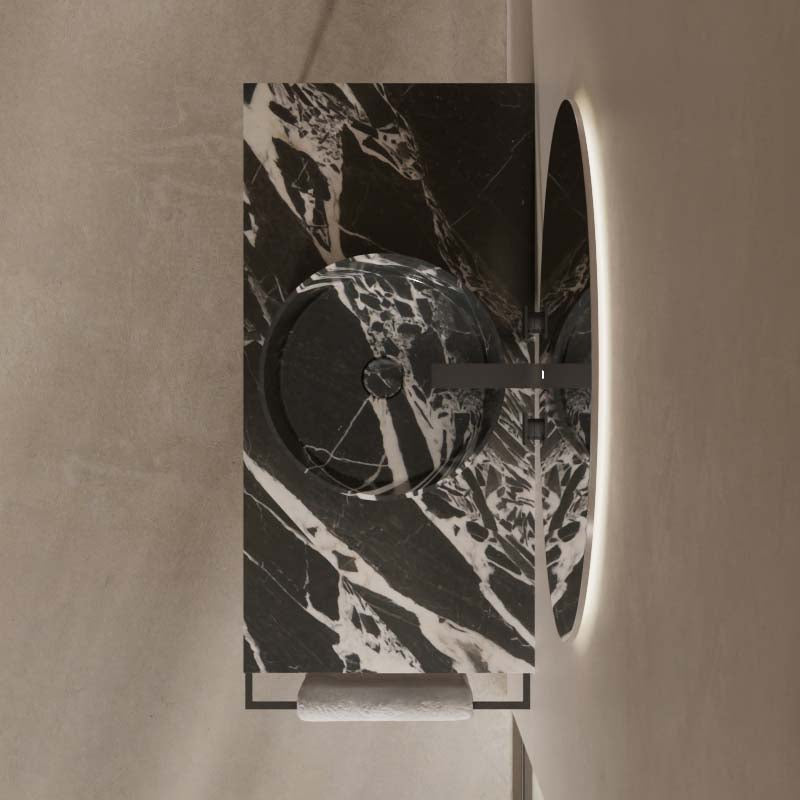 MonBlari Freestanding Round Marble Console Basin with Sleek Metal Base & Towel Holder