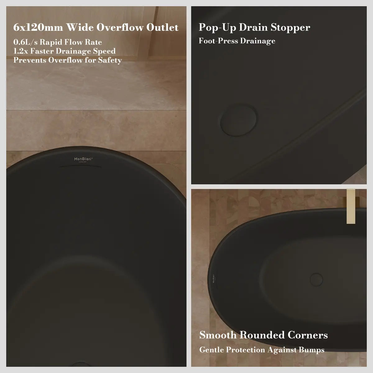 MonBlari XY-1007 Black Acrylic Freestanding Bathtubs 1500mm - 1700mm