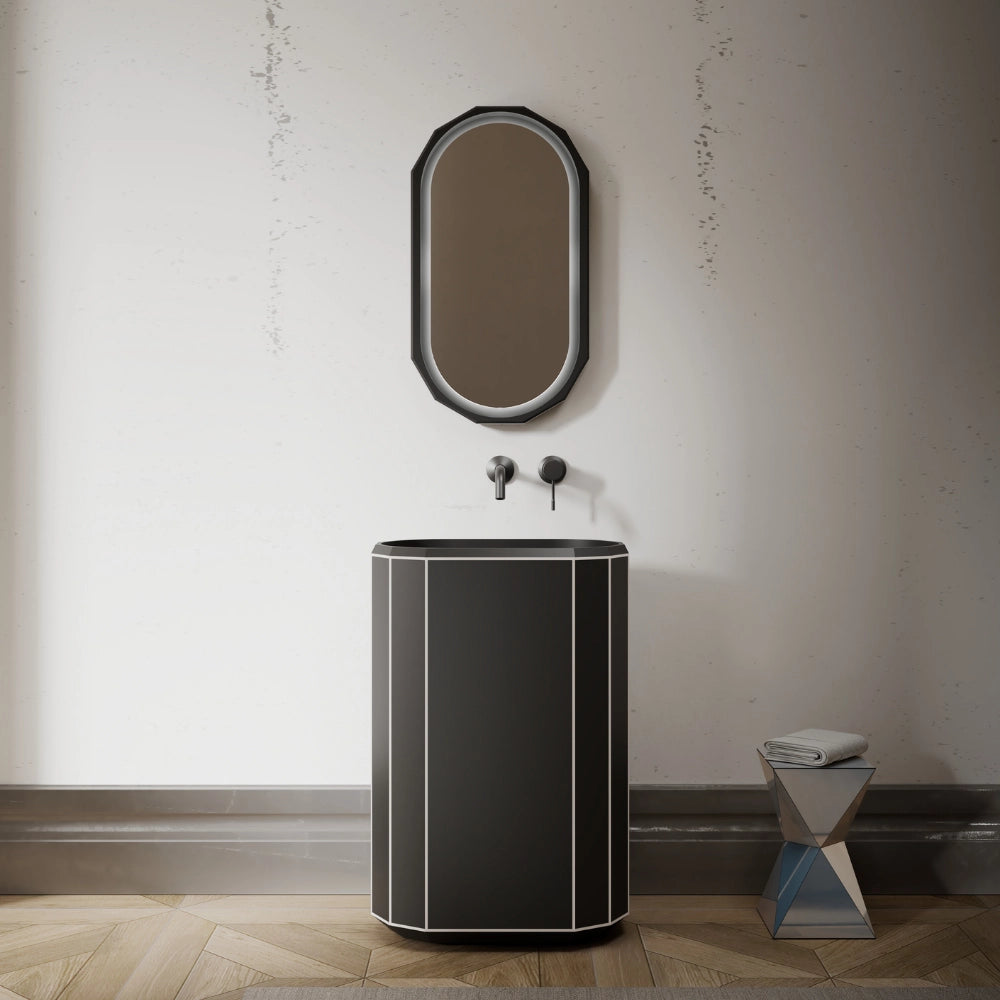 MonBlari BERYL series black pedestal sink with white rim
