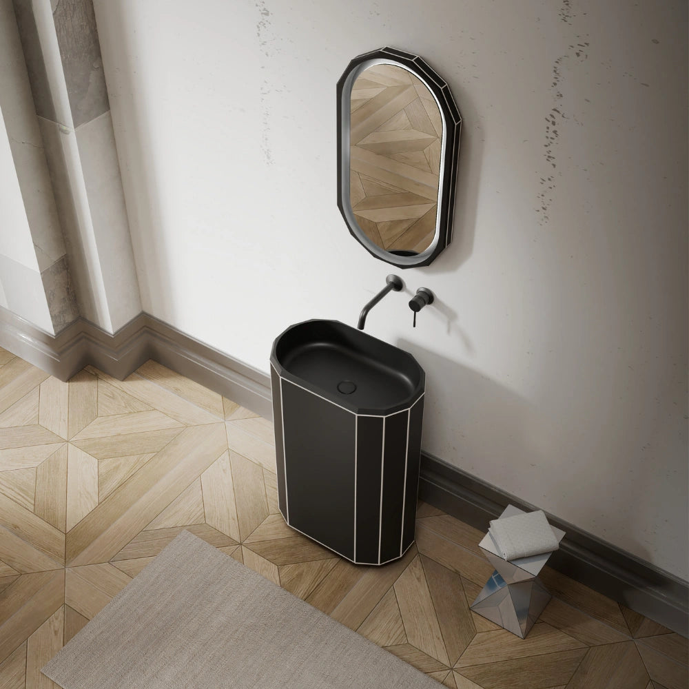 MonBlari BERYL series black pedestal sink with white rim