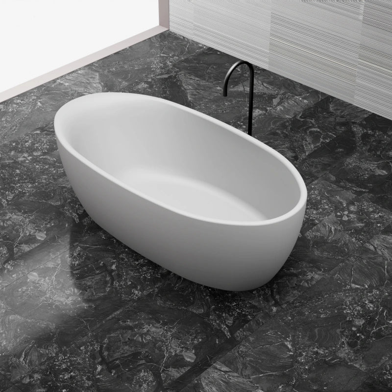 Deep soaking solid surface freestanding tub with sleek oval design