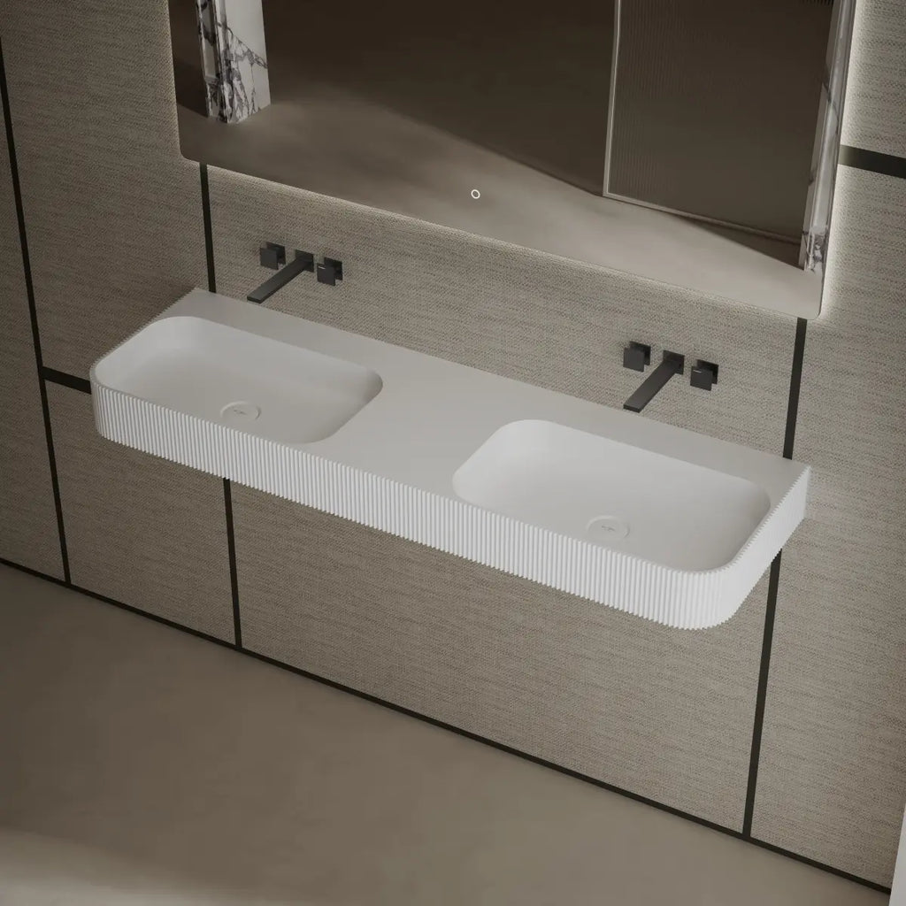 Minimalist wall-hung double wash basin designed for modern living spaces