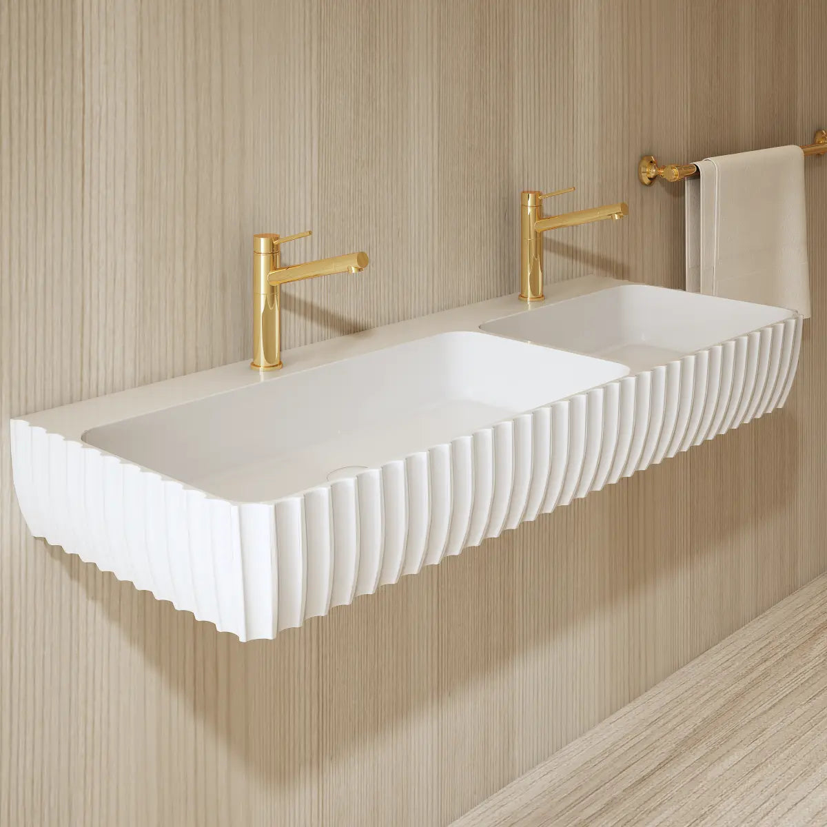 Modern white wall-hung double wash basin featuring a spacious rectangular design and seamless finish Main image