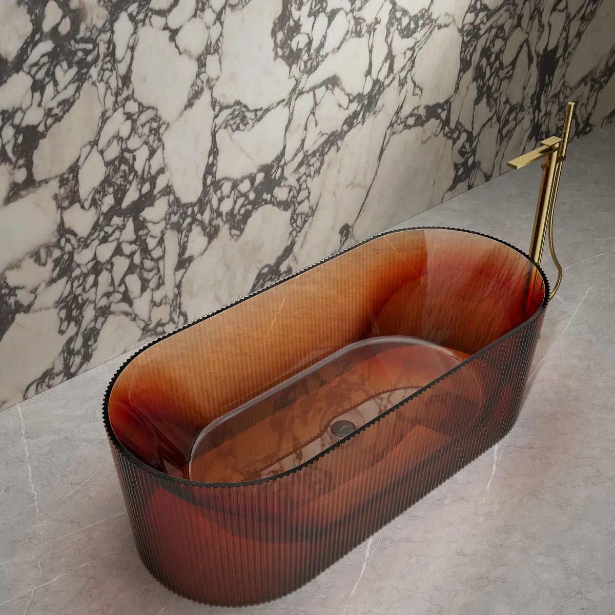 Modern resin freestanding bathtub with fluted texture and center drain