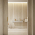Modern white bathroom double sink fixture with seamless edges and architectural styling