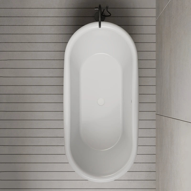 Glossy white acrylic freestanding soaking tub with foot-operated pop-up drain for modern bathrooms