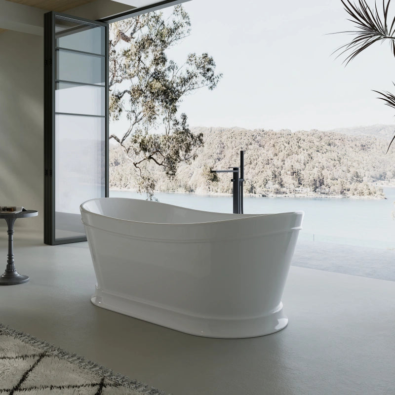 Premium glossy white acrylic freestanding tub with ergonomic deep soaking comfort