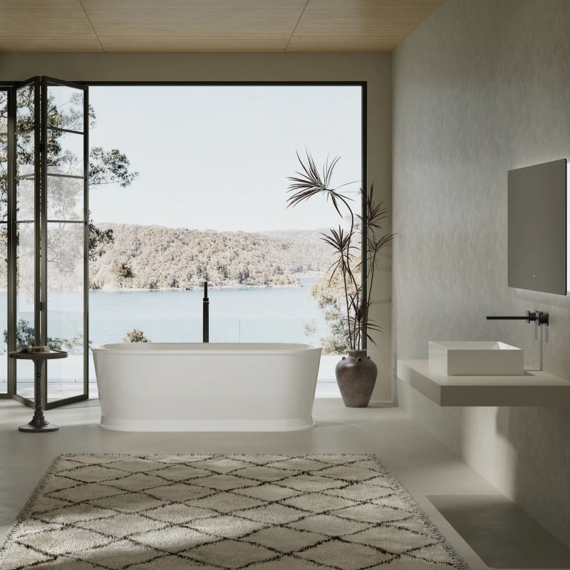 Glossy white acrylic freestanding bathtub with deep soaking design