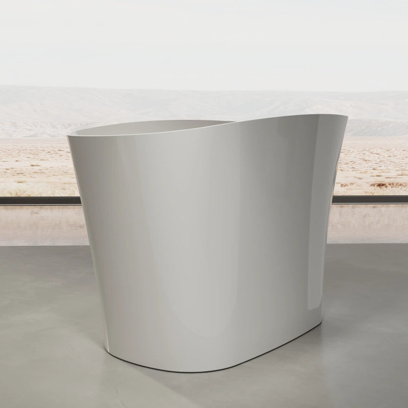 Glossy white freestanding soaking bathtub with hidden overflow and pop-up drain