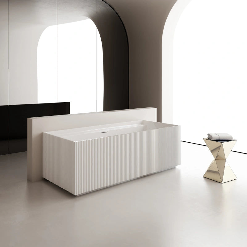 Glossy white fluted rectangular acrylic freestanding bathtub