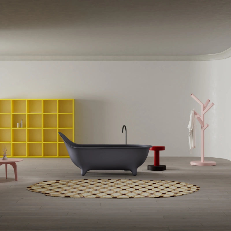Armchair grey freestanding soaking tub with elegant curved silhouette for luxury bathroom