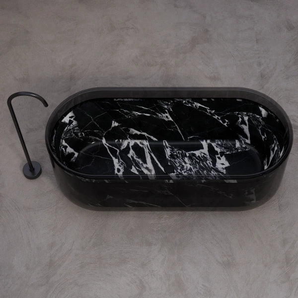 HALO Series black marble soaking bathtub with transparent acrylic detail