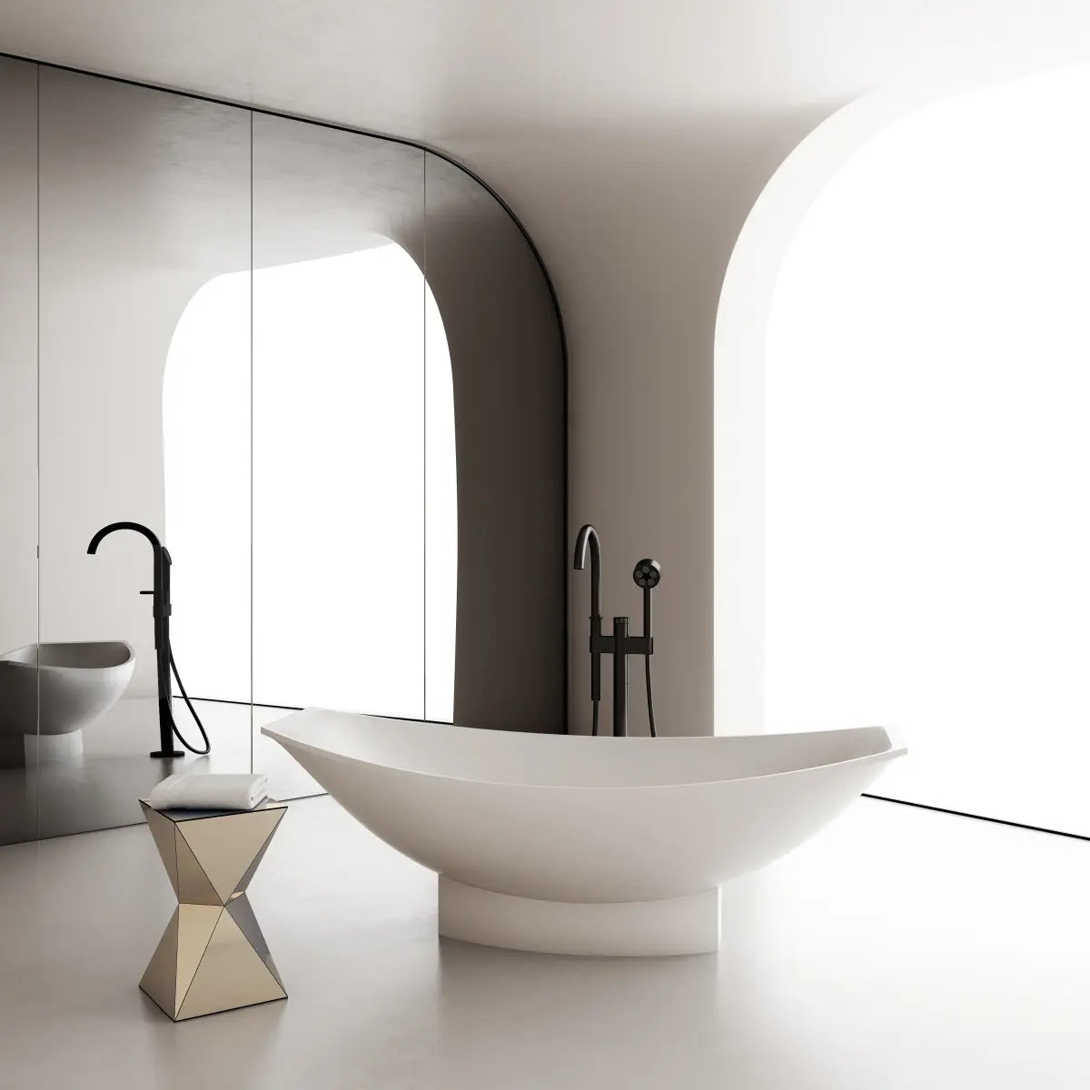 Solid surface hammock style bath soaking freestanding tub with modern curved design