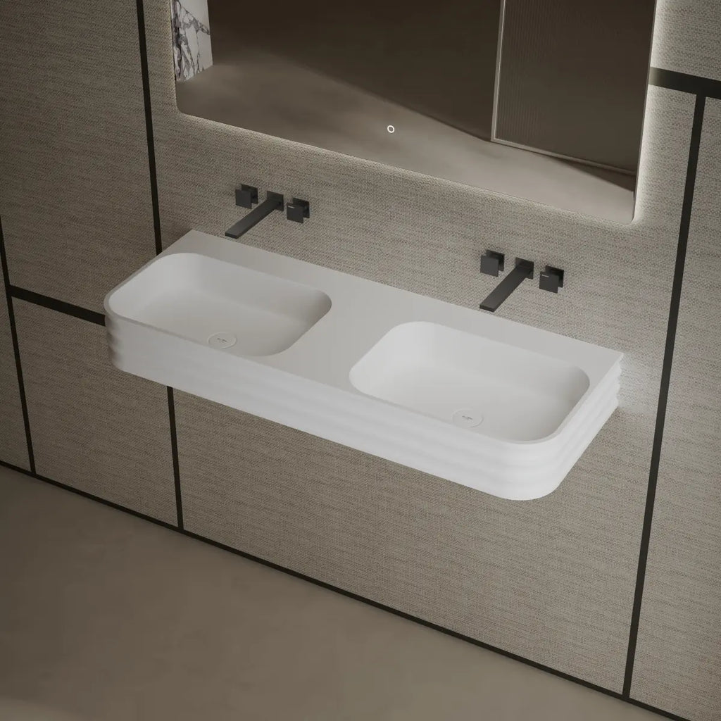 Luxury white double bathroom basin offering generous washing space and minimalist styling