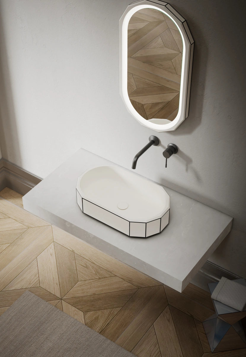 Matte white beryl series countertop basin with black rim for modern bathroom