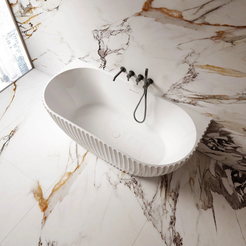 White fluted acrylic back-to-wall bathtub for modern bathroom